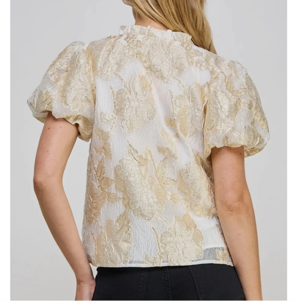 Ellison Noella Gold Foiled Puff Sleeve Top Sz M NWT - Picture 2 of 10